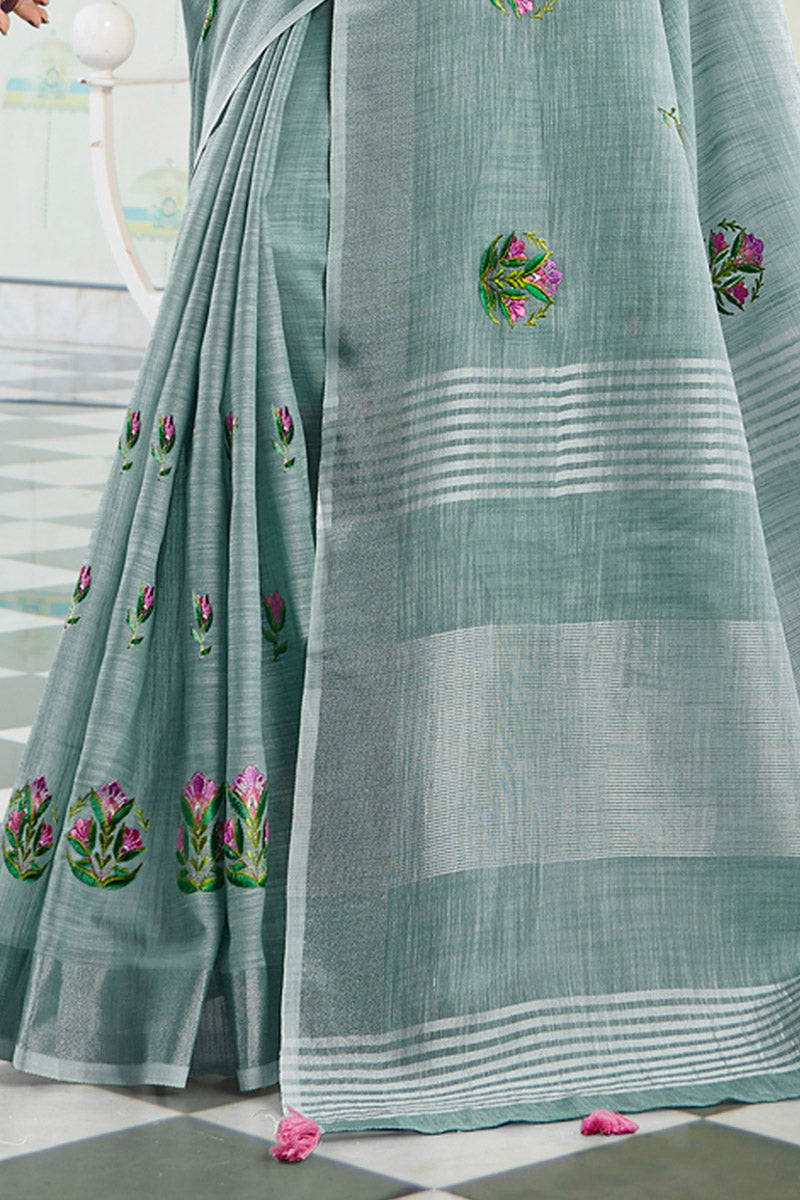 Elegant Pastel Sea Green Handloom Cotton Saree with Floral Embroidery