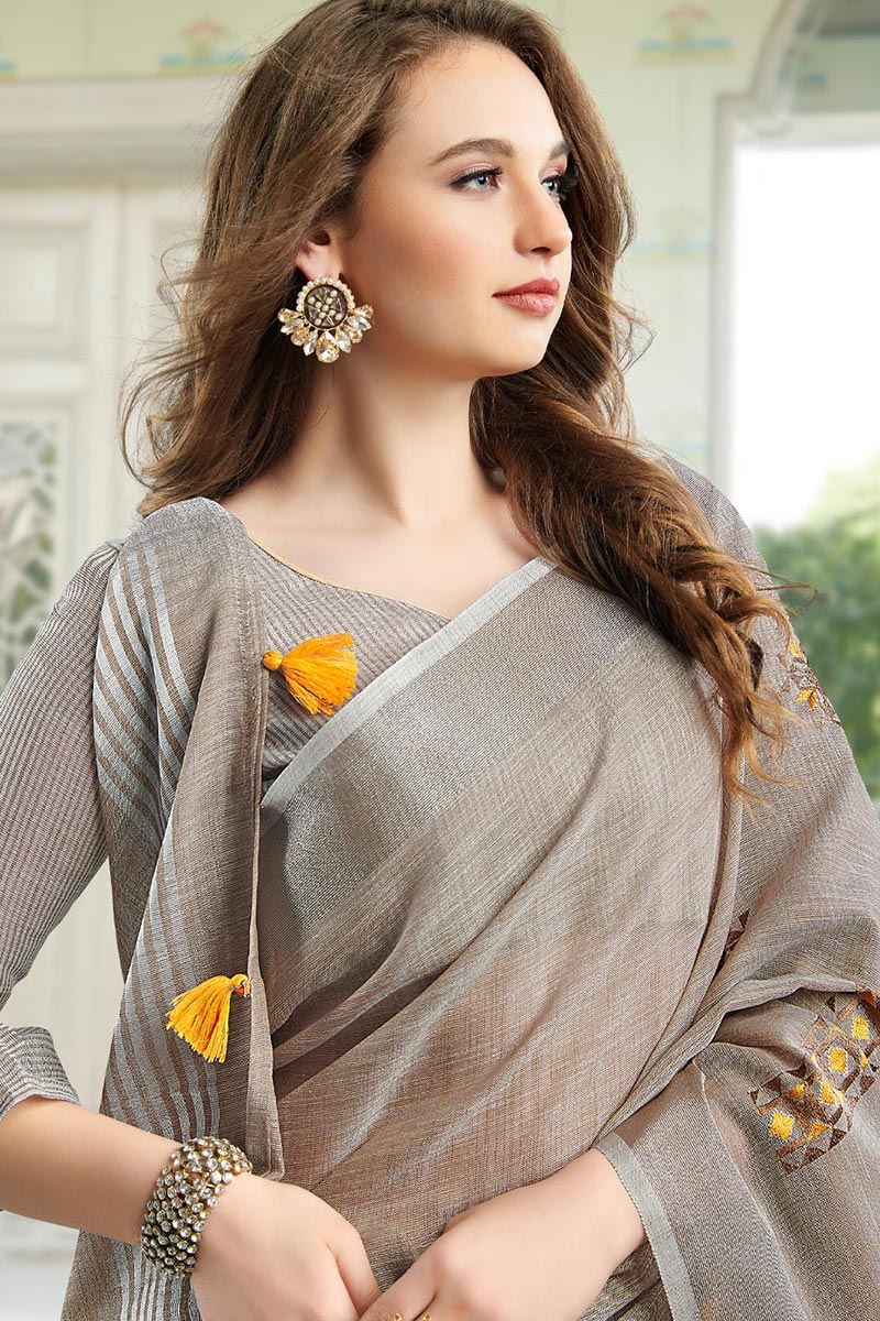 Light Beige Handloom Cotton Saree with Floral Embroidery