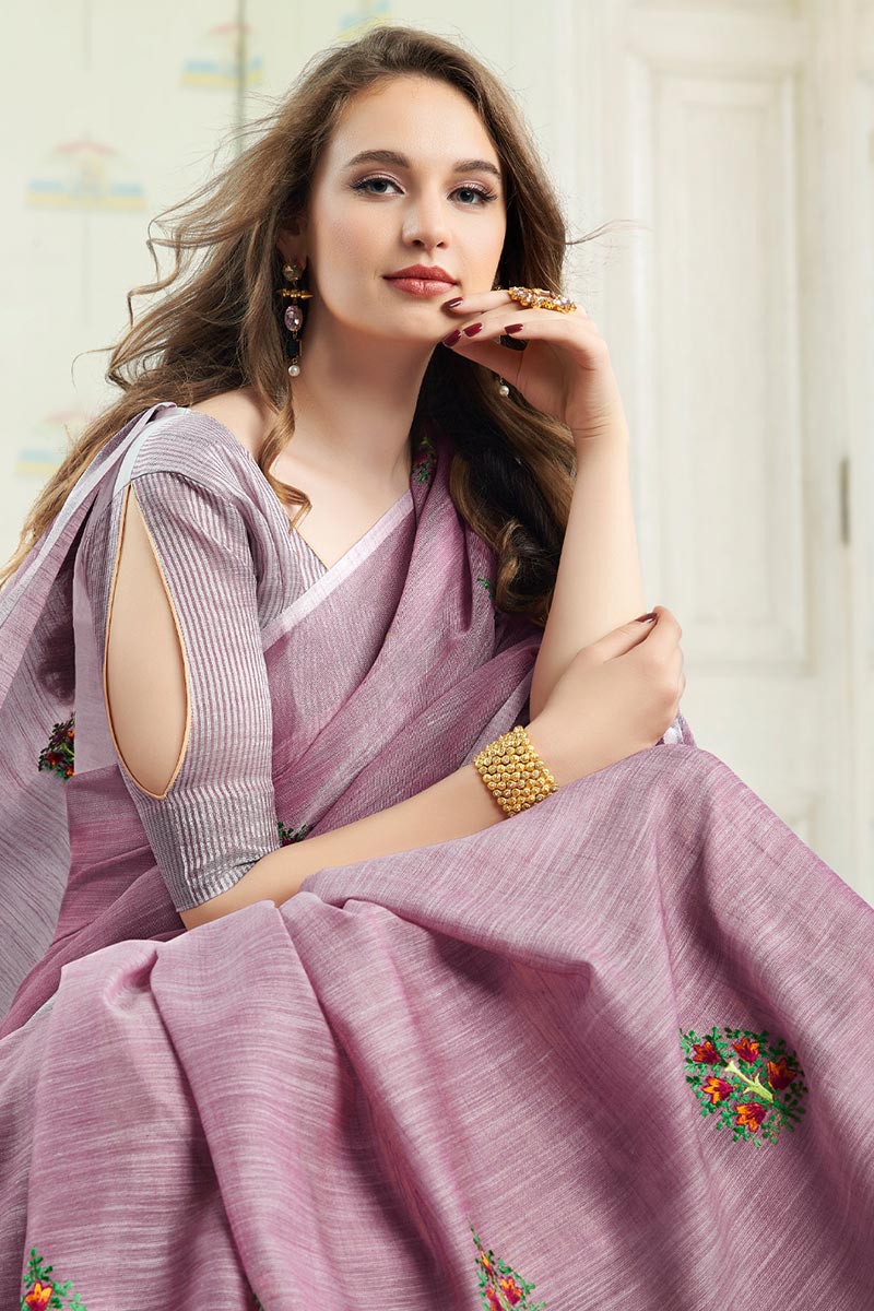 Light Purple Handloom Cotton Saree with Floral Embroidery