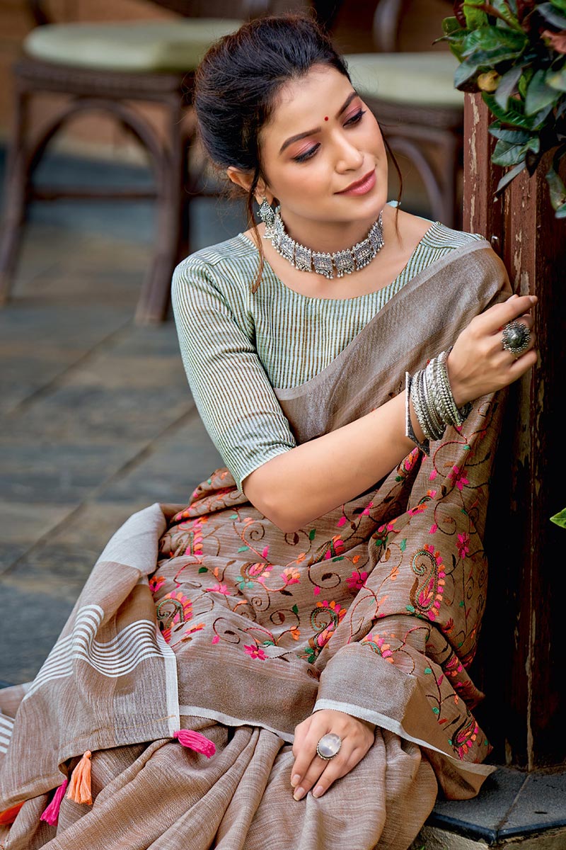 Elegant Beige Embroidered Linen Cotton Saree with Floral Motifs
