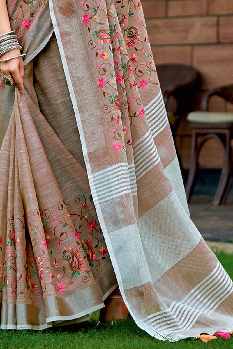 Elegant Beige Embroidered Linen Cotton Saree with Floral Motifs