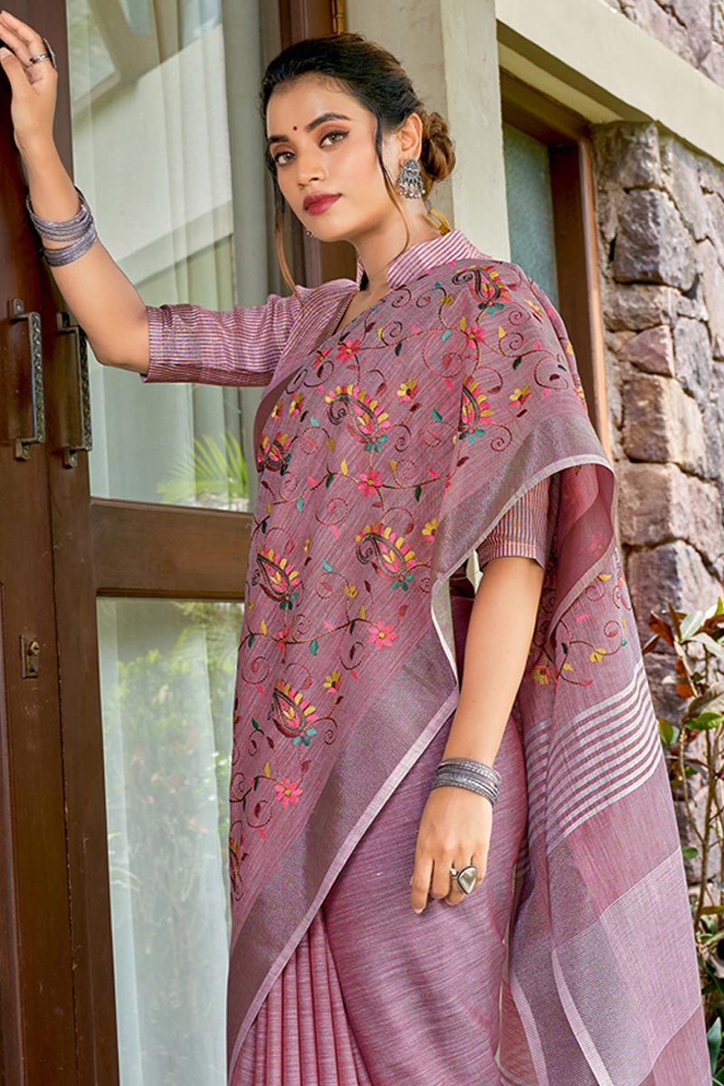 Purple Embroidered Linen Cotton Saree with Floral Motifs