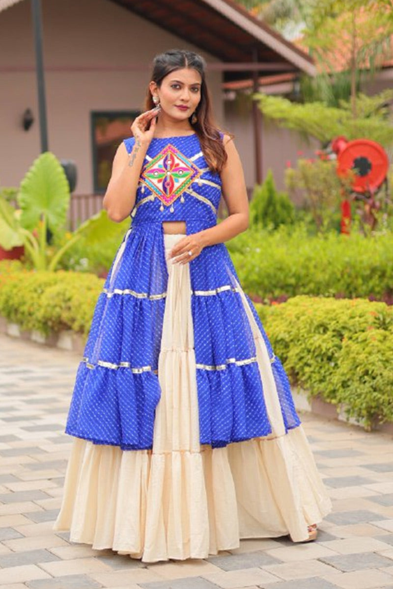 Navratri Special Mirrorwork Cream & Blue Tiered Lehenga Set