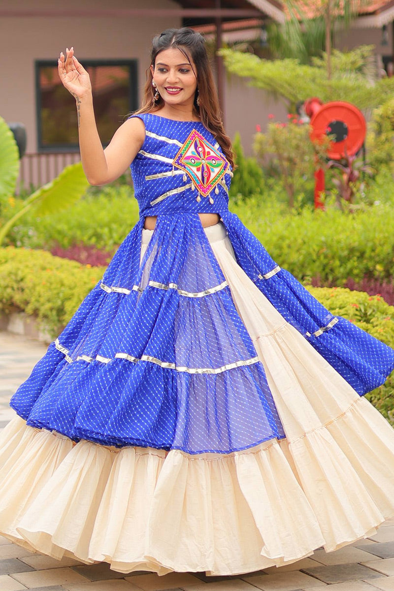 Navratri Special Mirrorwork Cream & Blue Tiered Lehenga Set