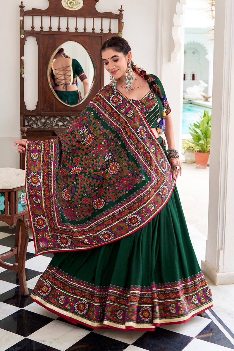 Deep Green Embroidered Lehenga Choli with Floral Dupatta