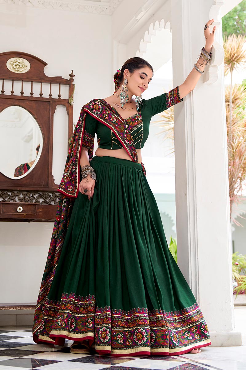 Deep Green Embroidered Lehenga Choli with Floral Dupatta