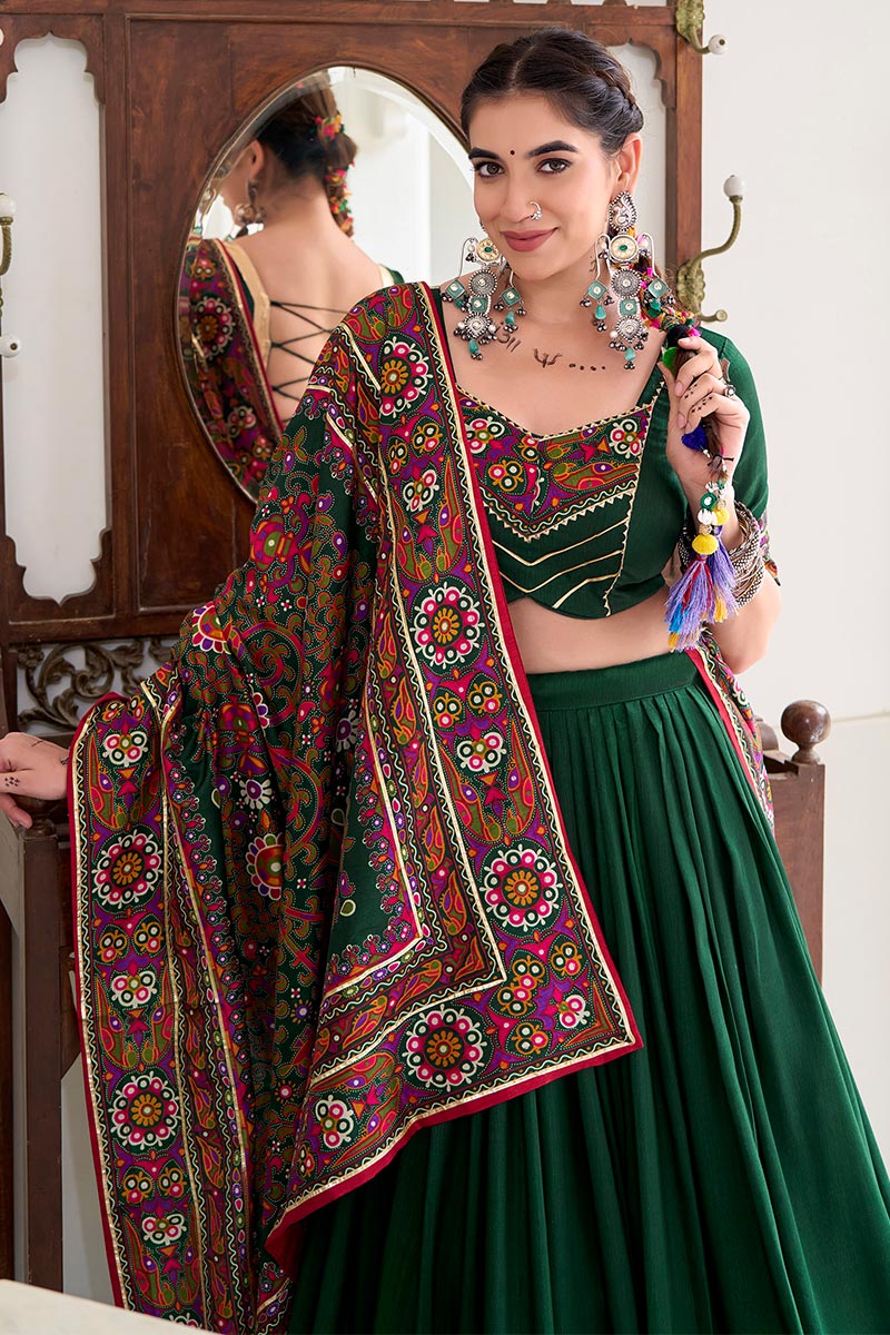 Deep Green Embroidered Lehenga Choli with Floral Dupatta