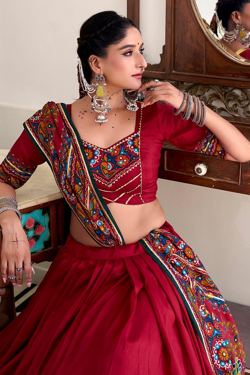 Red Embroidered Lehenga Choli with Floral Dupatta