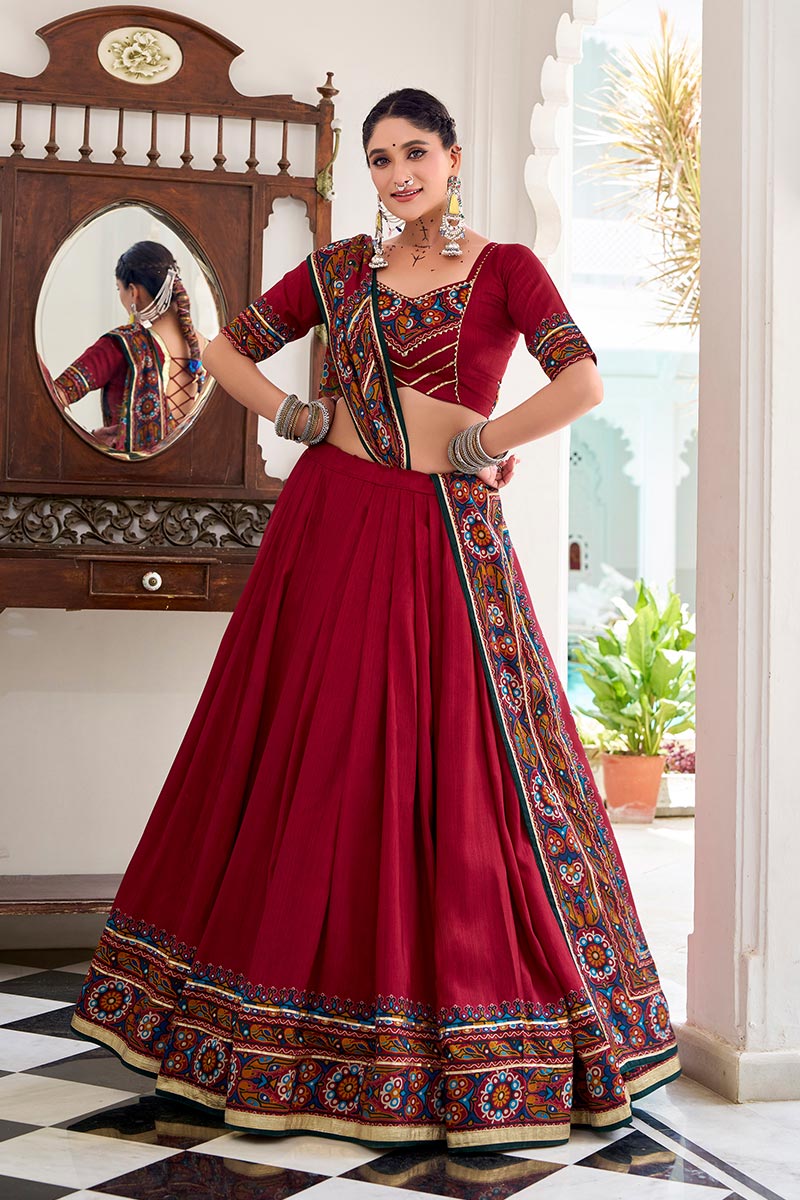 Red Embroidered Lehenga Choli with Floral Dupatta RTI