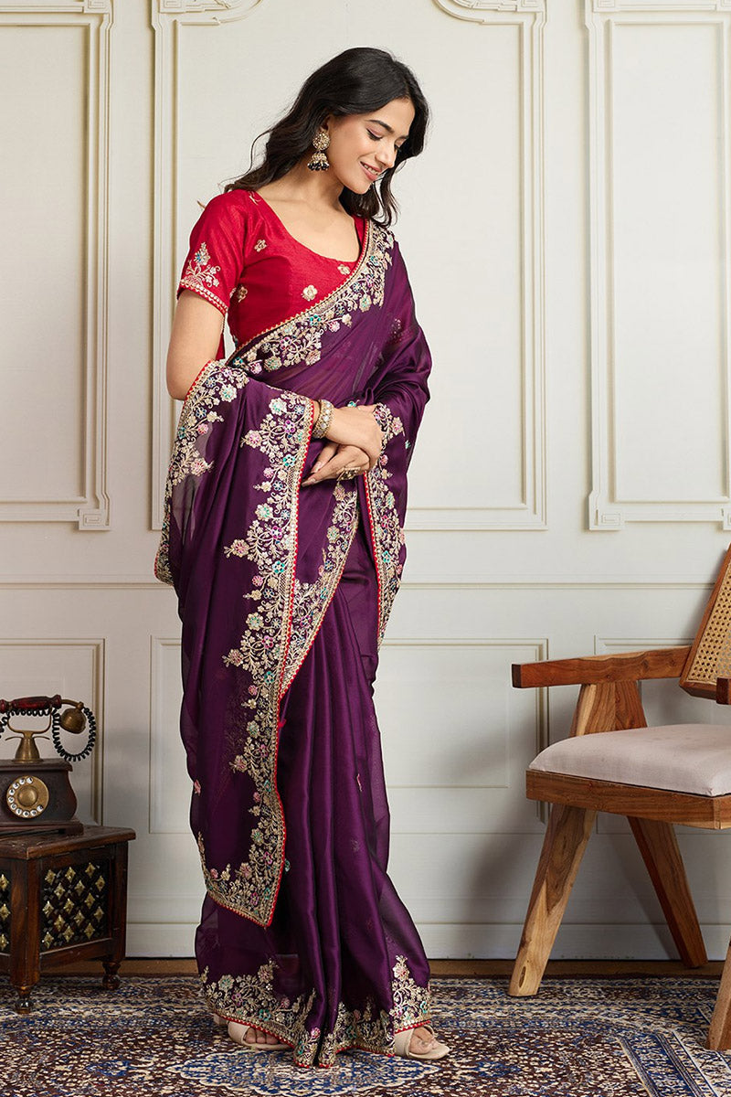 Elegant Wine Embroidered Silk Saree with Contrasting Emerald Red Blouse