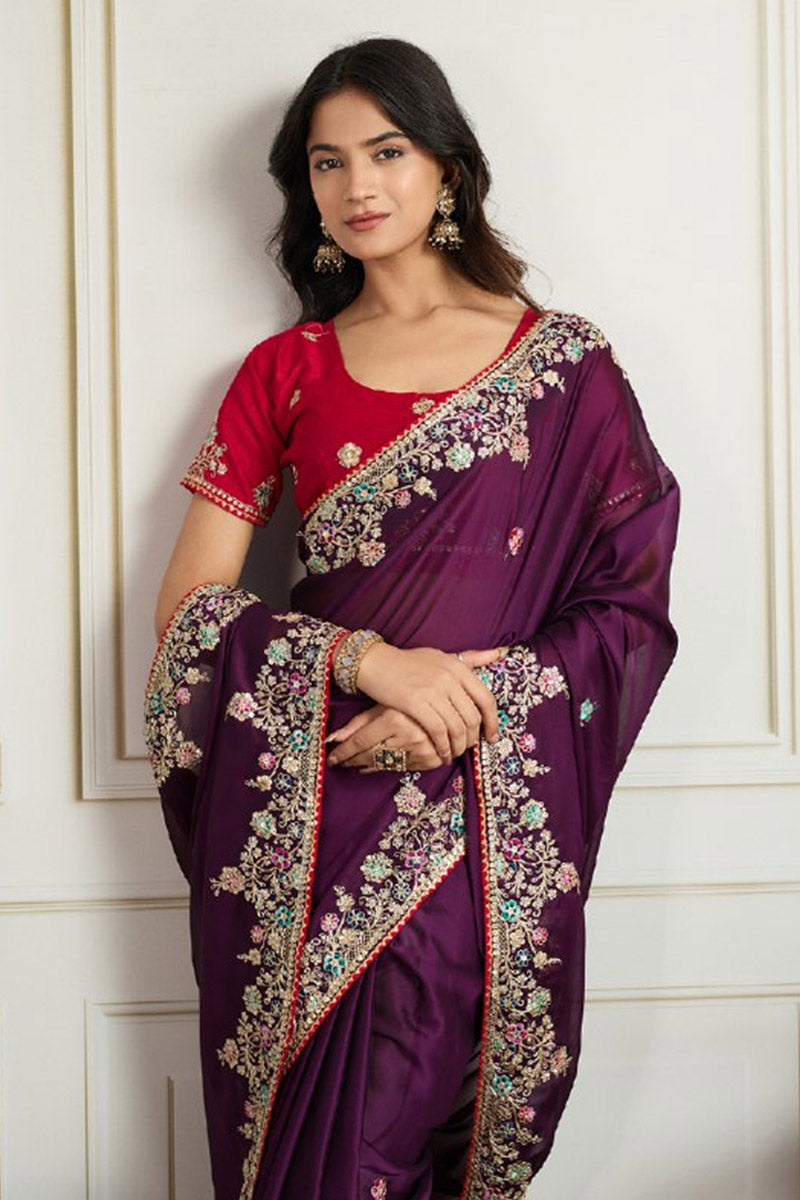 Elegant Wine Embroidered Silk Saree with Contrasting Emerald Red Blouse