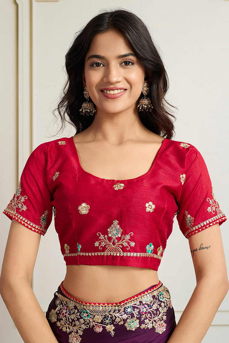 Elegant Wine Embroidered Silk Saree with Contrasting Emerald Red Blouse