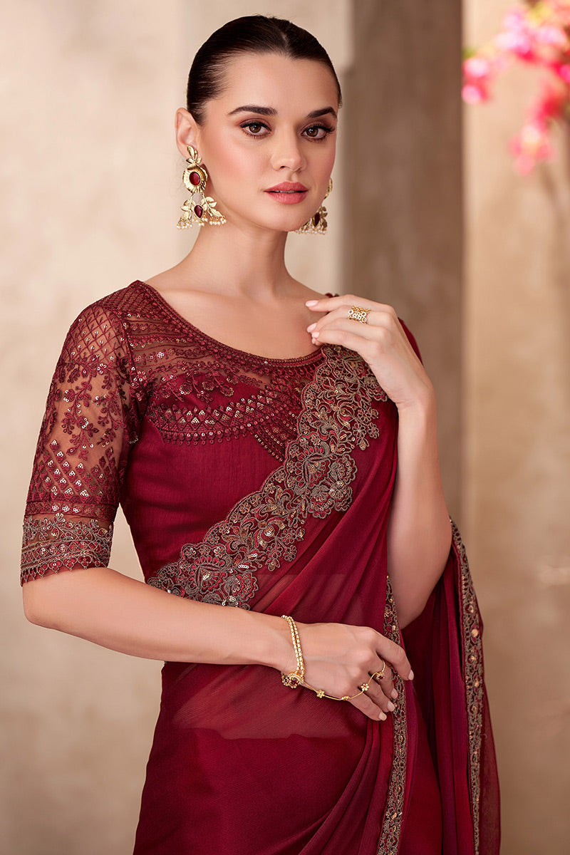 Elegant Burgundy Embroidered Party wear Saree