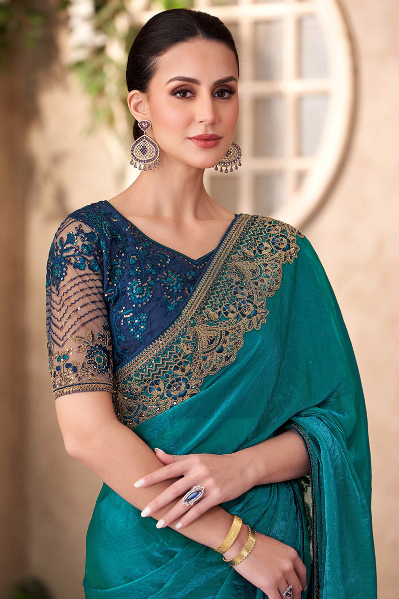 Teal Satin Georgette Embroidered Party wear Saree RTI