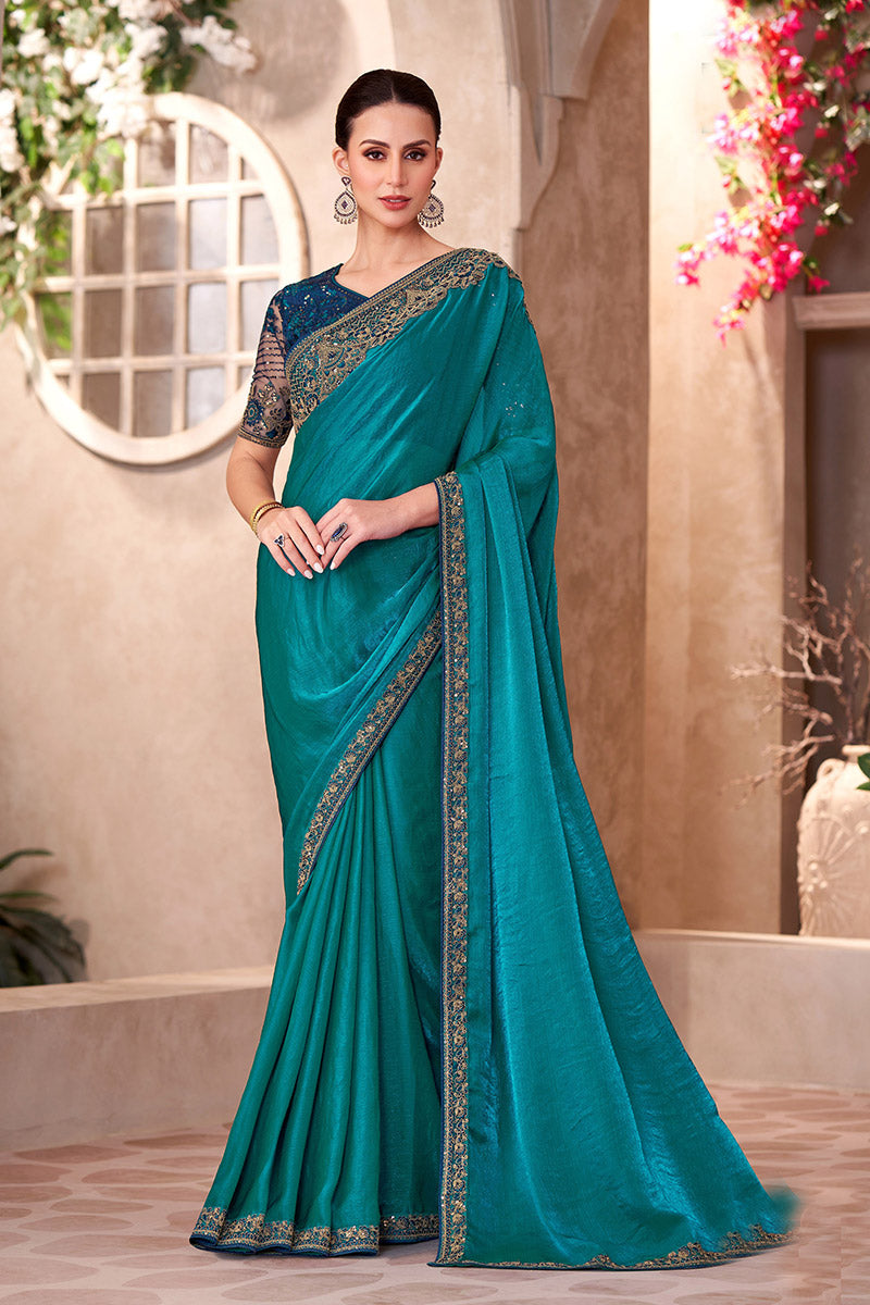 Teal Satin Georgette Embroidered Party wear Saree RTI