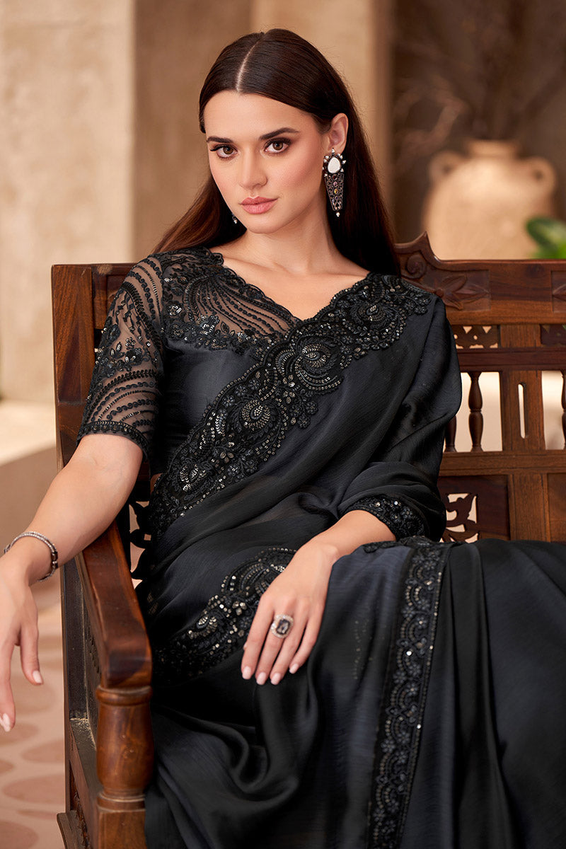Black Chiffon Sequins Embroidered Party wear Saree