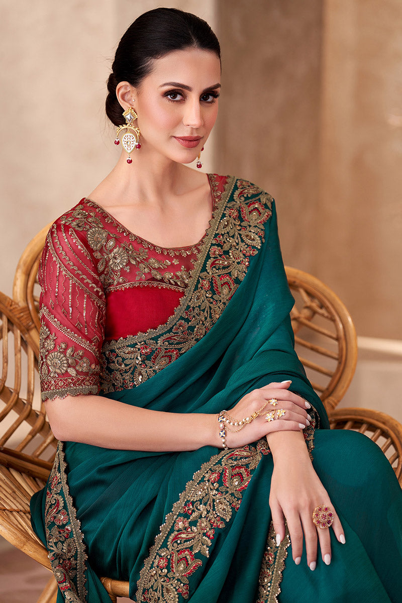 Dark Teal Chiffon Sequins Embroidered Function wear Saree