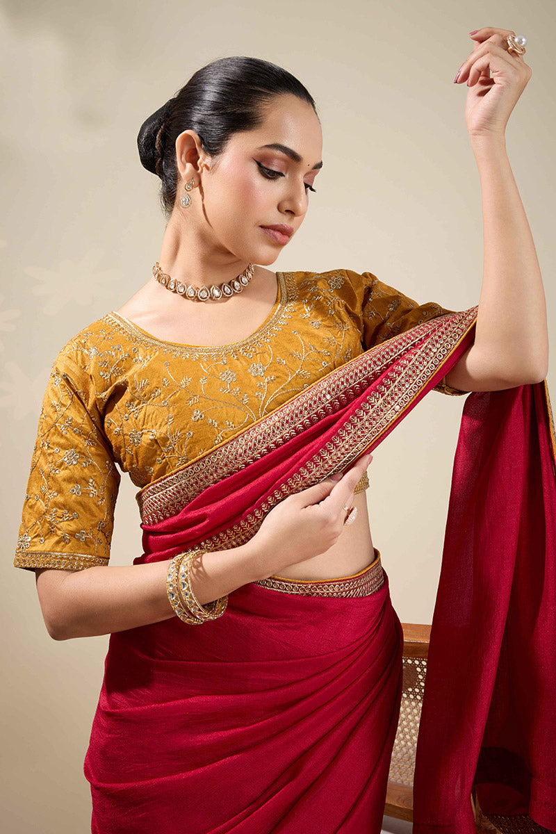 Elegant Red Georgette Saree with Gold Embroidered Border