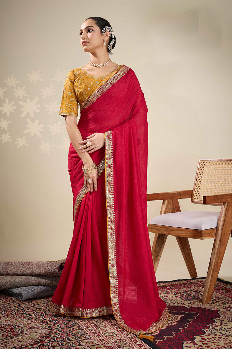 Elegant Red Georgette Saree with Gold Embroidered Border RTI