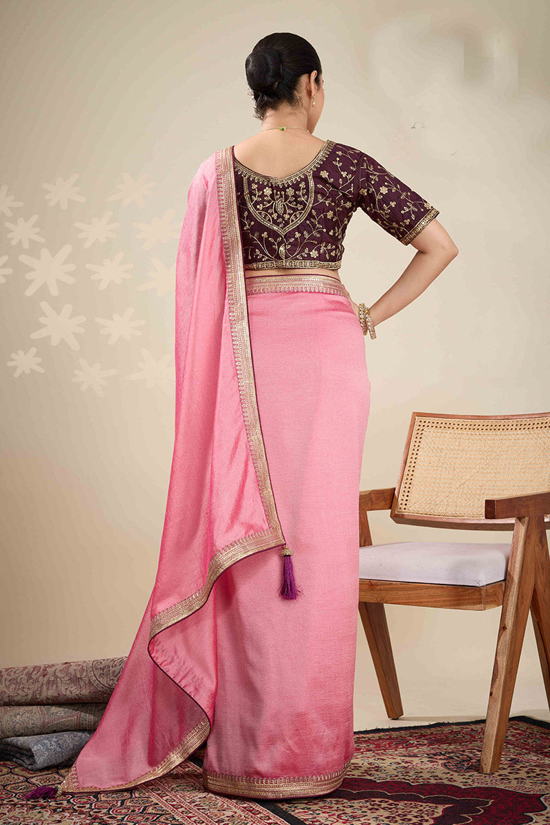 Pink Saree Online UK | Georgette Saree with Gold Embroidery RTI