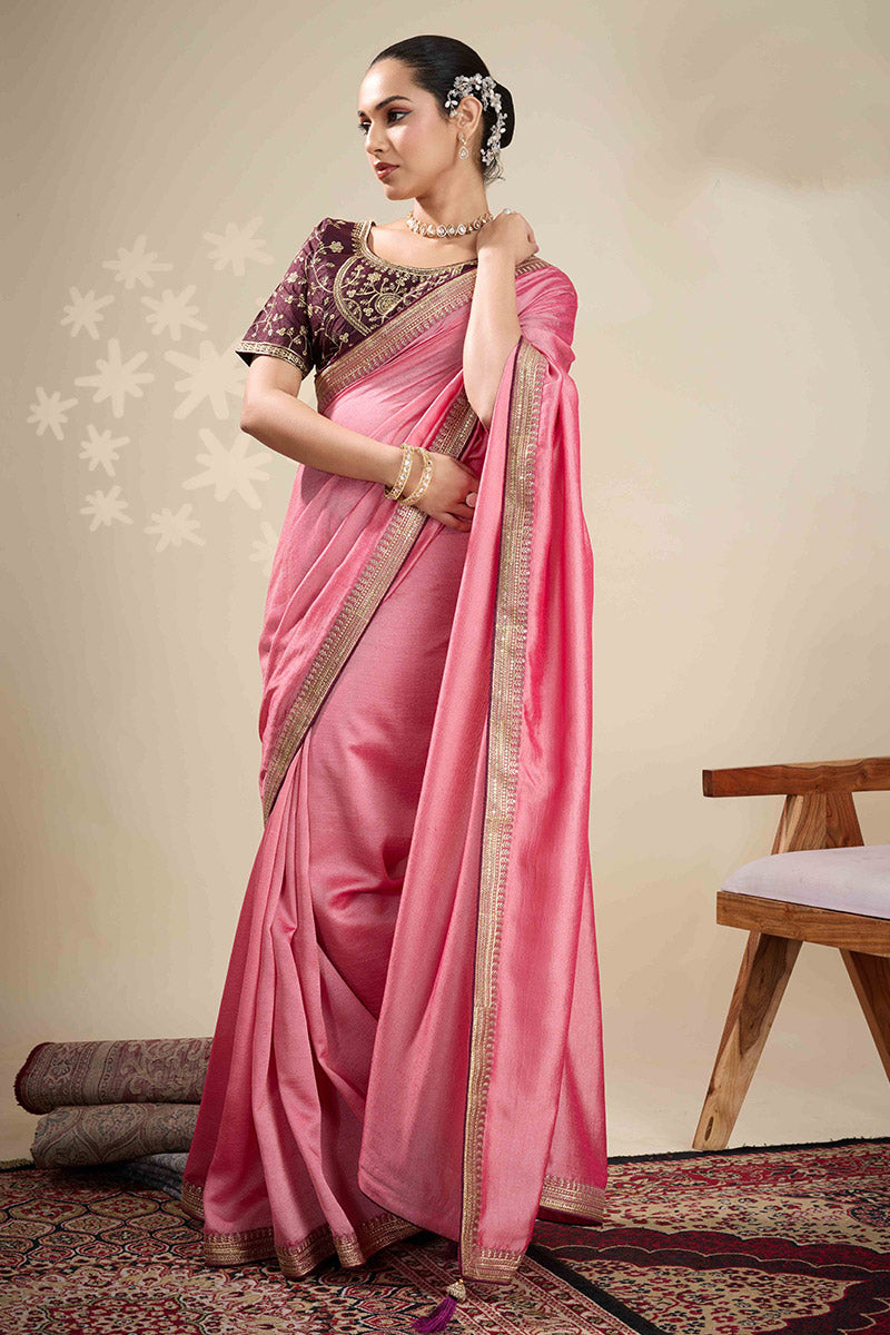 Pink Saree Online UK | Georgette Saree with Gold Embroidery RTI