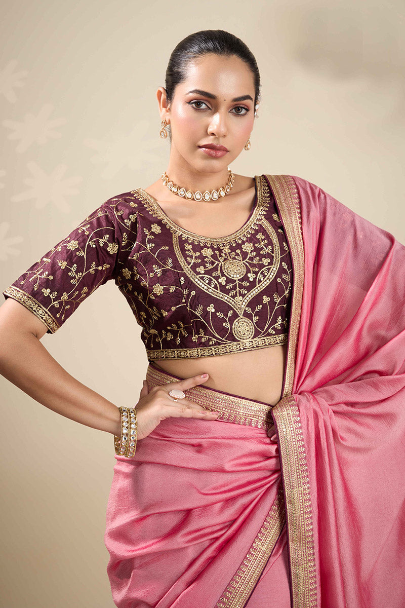 Pink Saree Online UK | Georgette Saree with Gold Embroidery RTI