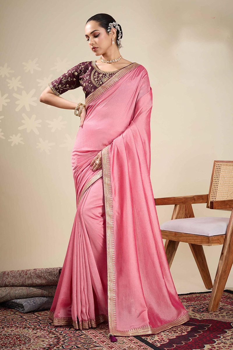 Pink Saree Online UK | Georgette Saree with Gold Embroidery RTI