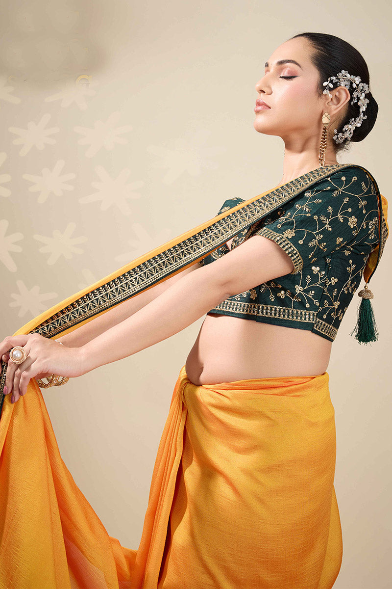 Yellow Saree with Embroidered Golden Border | Shop Online