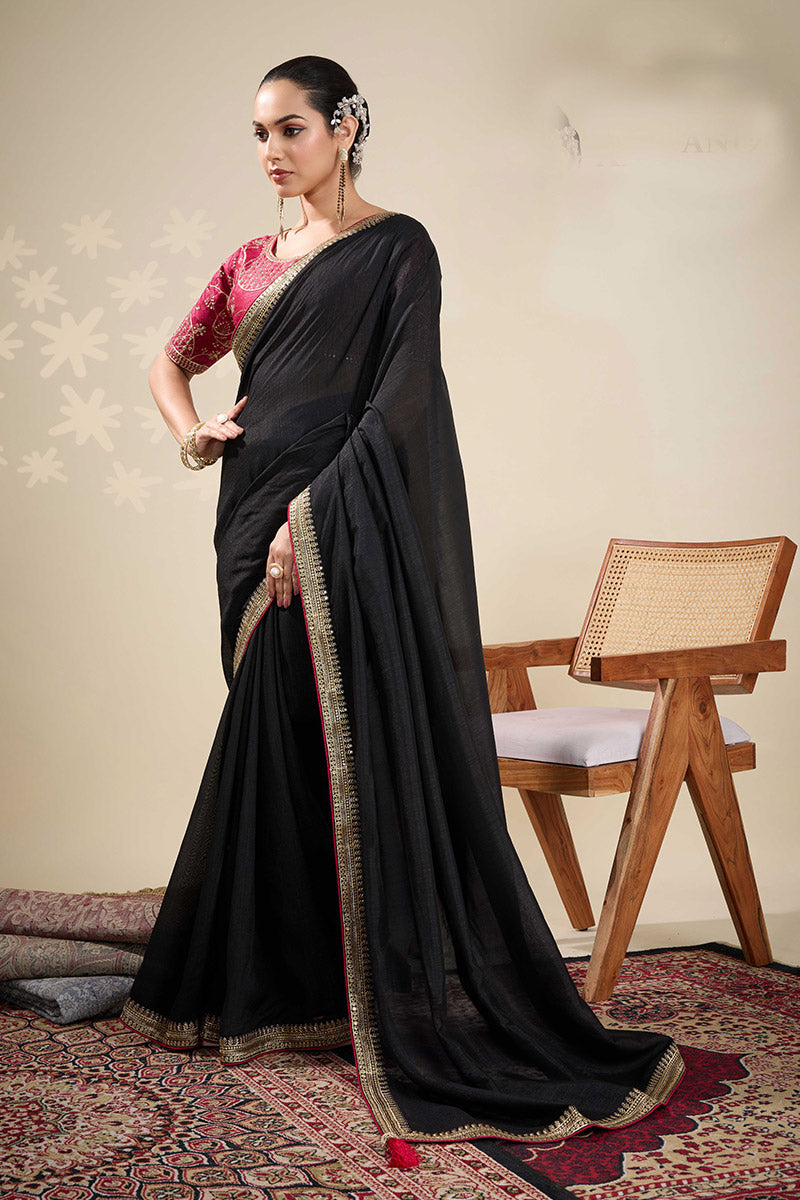 Black Saree with Embroidered Golden Border | Shop Online