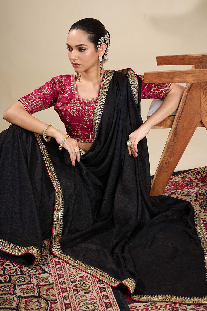 Black Saree with Embroidered Golden Border | Shop Online