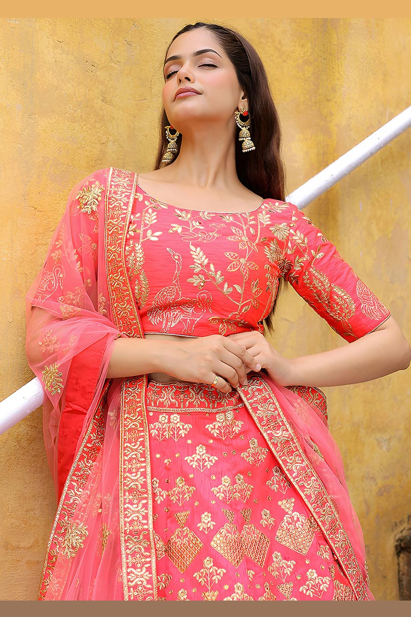 Coral Blossom Gold Sequins Embroidered Lehenga Set