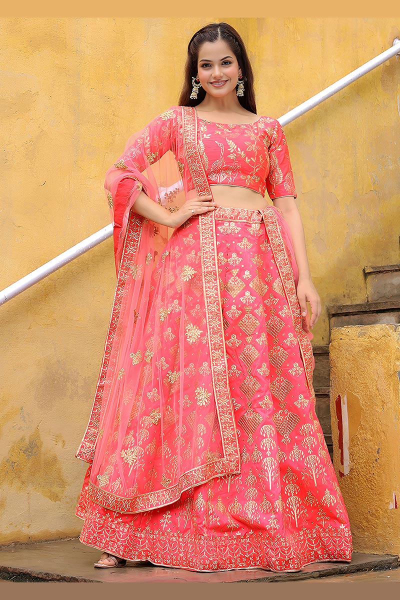Coral Blossom Gold Sequins Embroidered Lehenga Set