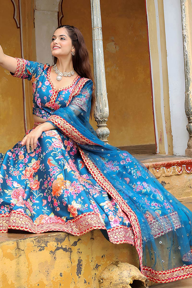 Blue Blossom Floral Printed Lehenga Set with Gold Border