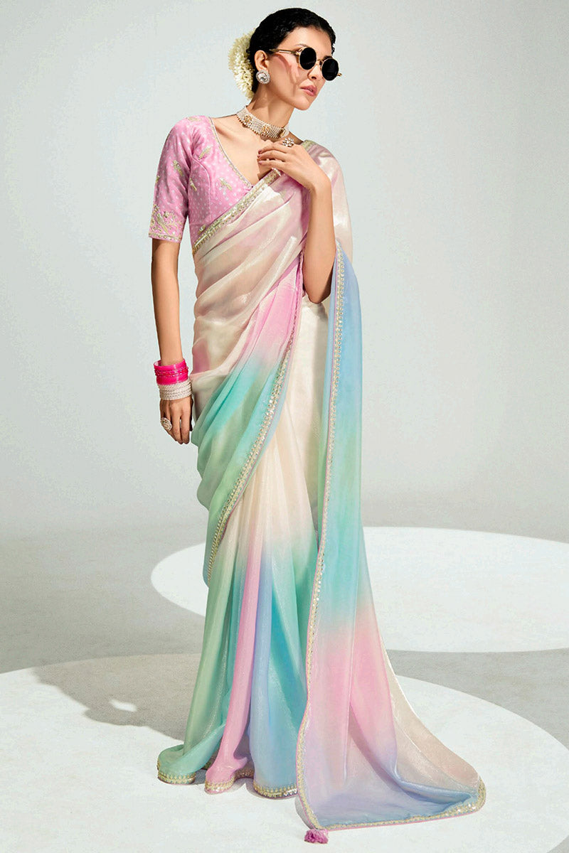Multicolor Trendy Organza Saree with Sequins Embroidered Blouse
