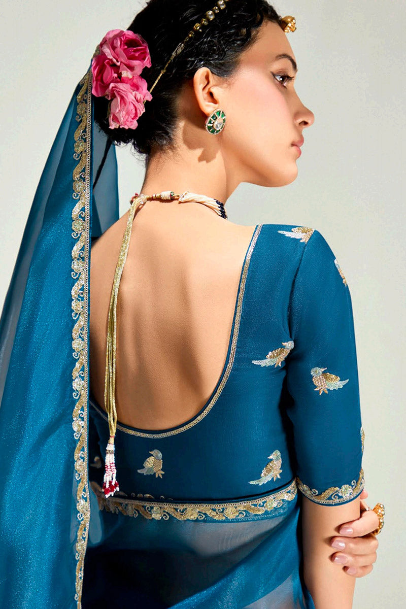Multicolor Trendy Organza Saree with Sequins Embroidered Blue Blouse