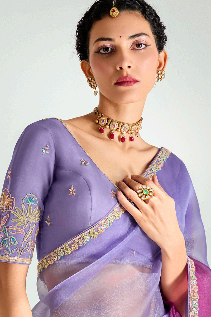 Lavender Trendy Organza Saree with Sequins Embroidered Wine Blouse
