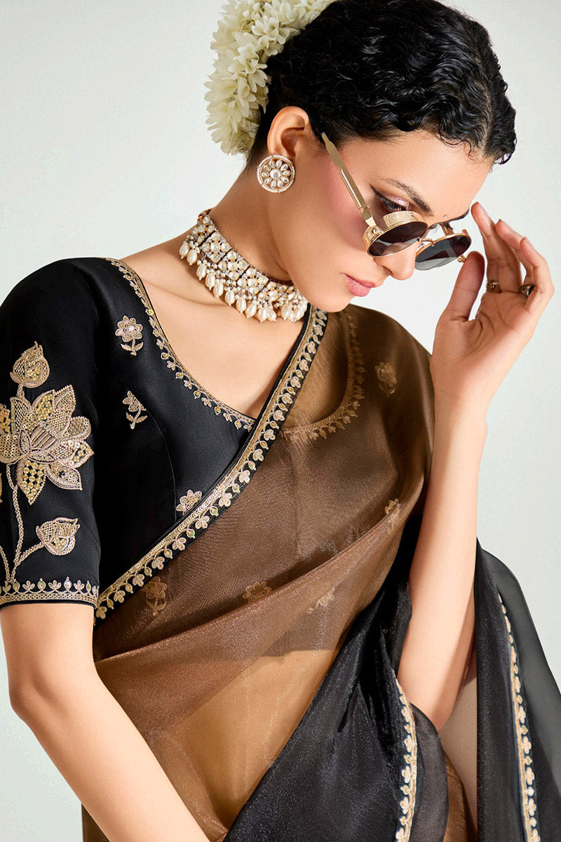 Brown Trendy Organza Saree with Sequins Embroidered Black Blouse