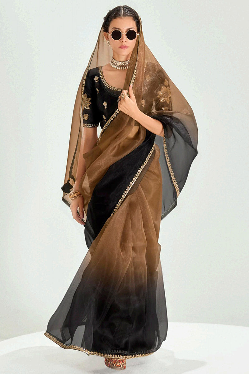 Brown Trendy Organza Saree with Sequins Embroidered Black Blouse