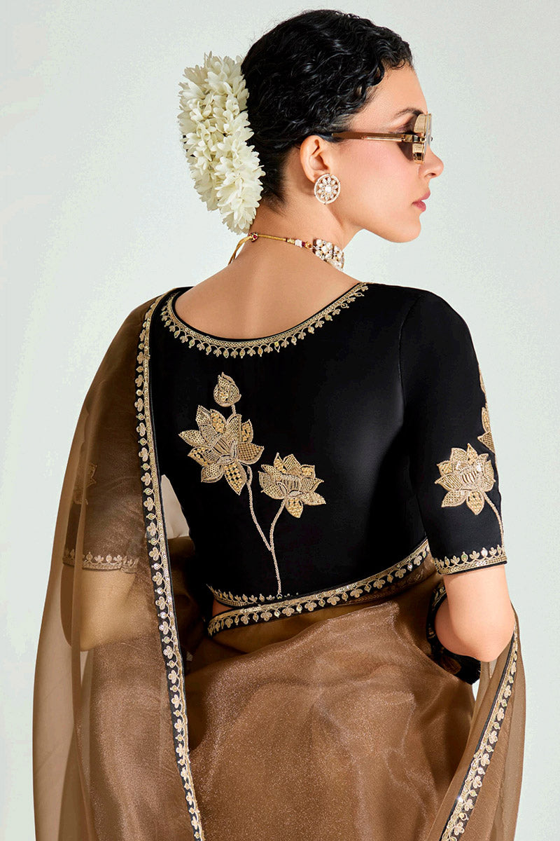 Brown Trendy Organza Saree with Sequins Embroidered Black Blouse