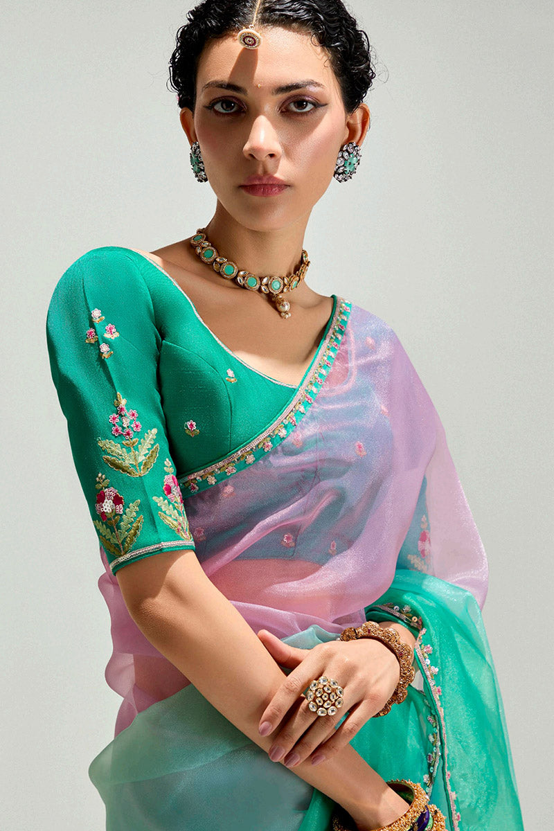 Pink Trendy Organza Saree with Sequins Embroidered Rama Geen Blouse