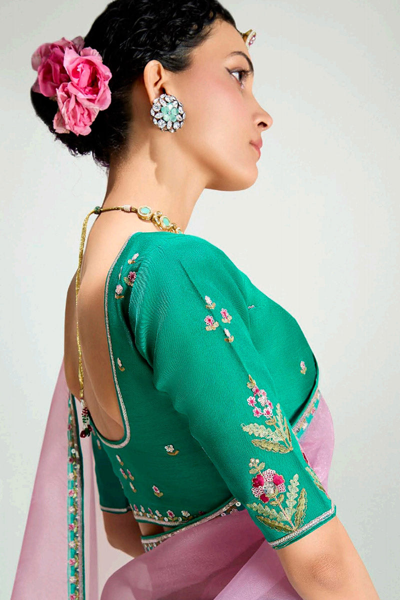 Pink Trendy Organza Saree with Sequins Embroidered Rama Geen Blouse