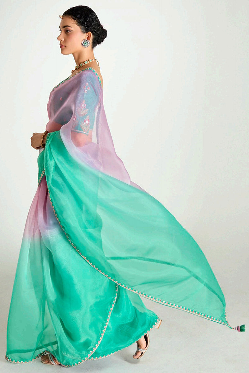 Pink Trendy Organza Saree with Sequins Embroidered Rama Geen Blouse