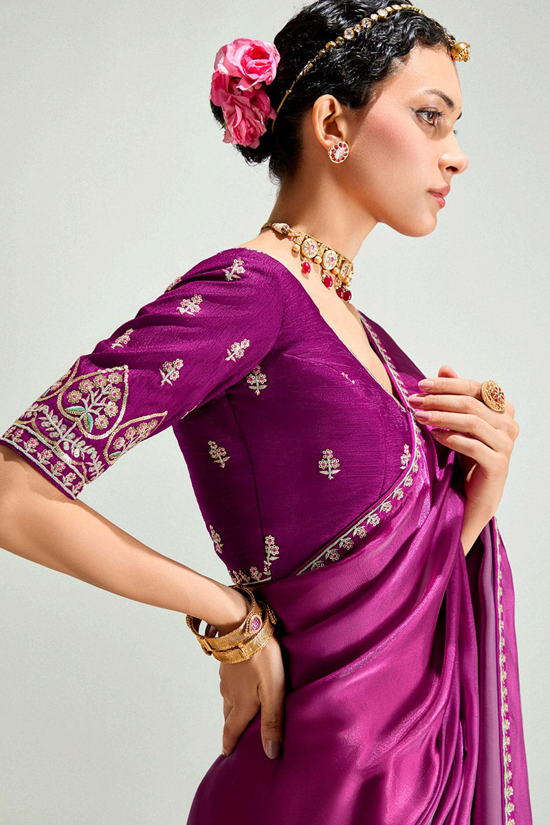 Magenta Organza Saree with Sequins Embroidered Pink Blouse