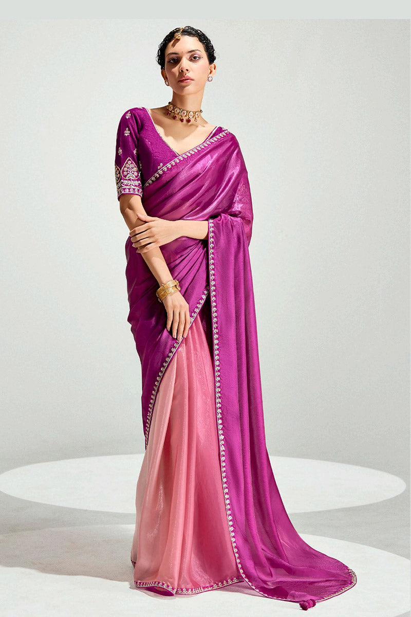Magenta Organza Saree with Sequins Embroidered Pink Blouse LF