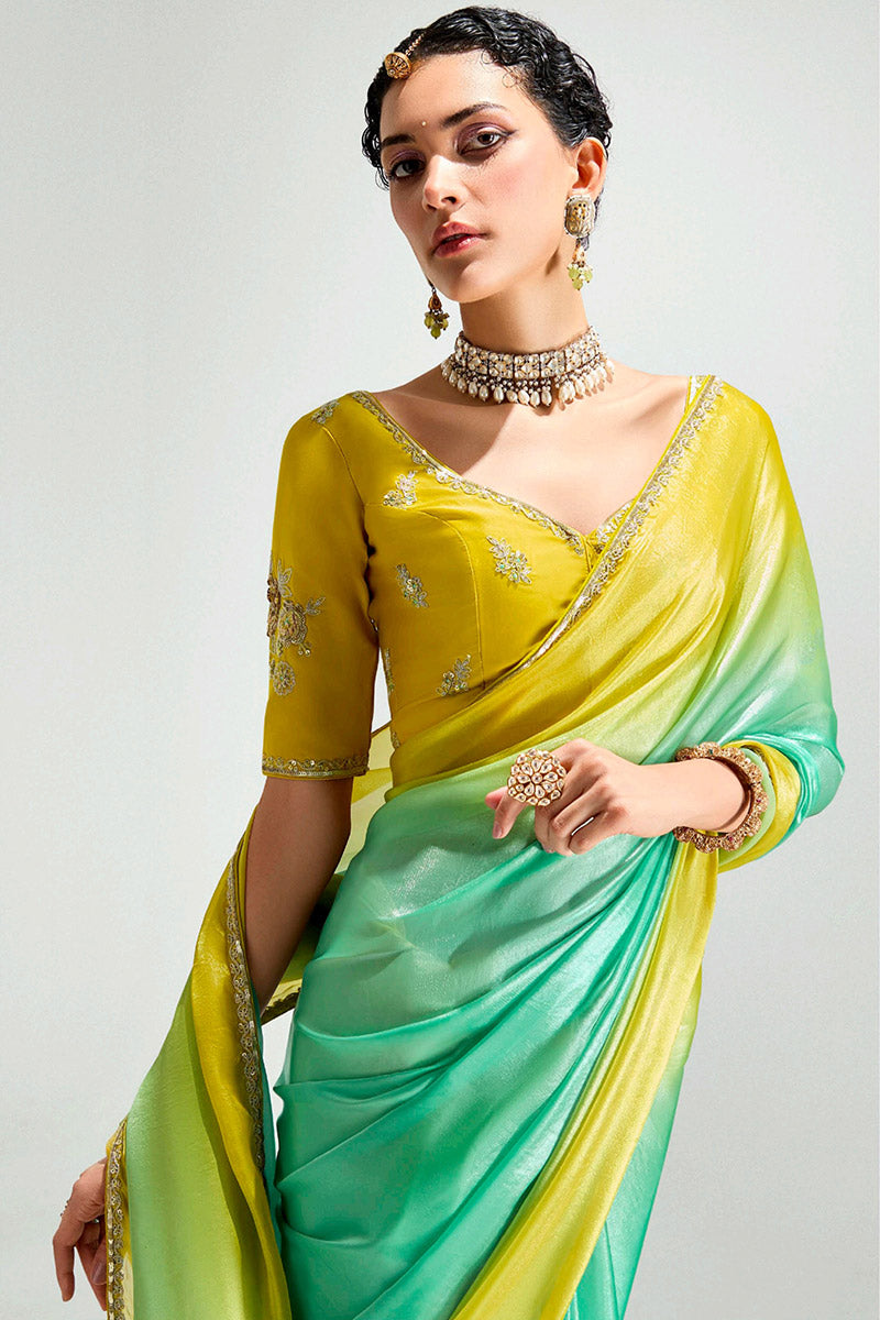 Multicolor Organza Saree with Sequins Embroidered Lime Yellow Blouse