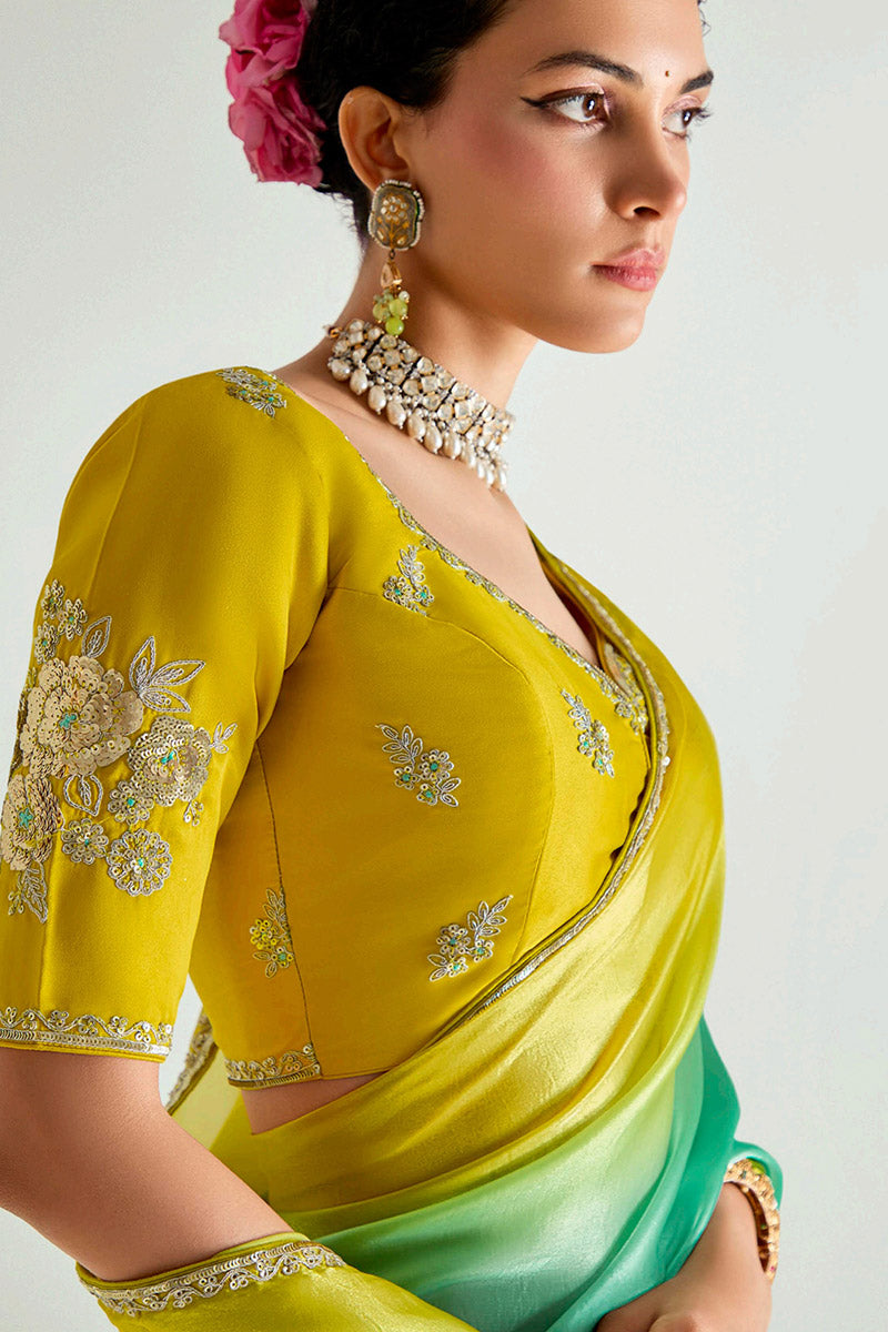 Multicolor Organza Saree with Sequins Embroidered Lime Yellow Blouse