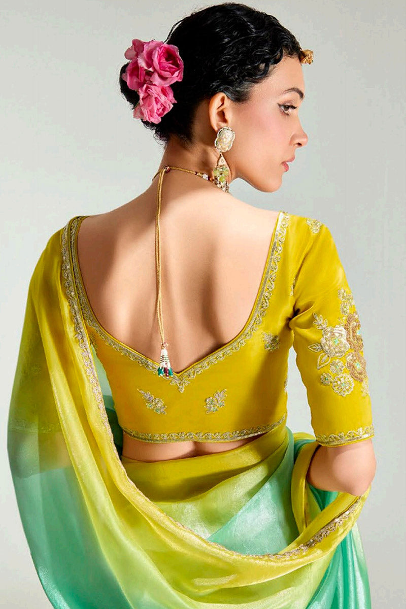 Multicolor Organza Saree with Sequins Embroidered Lime Yellow Blouse