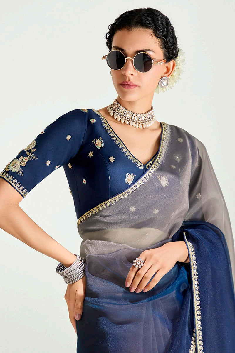 Grey Organza Saree with Sequins Embroidered Navy Blue Blouse