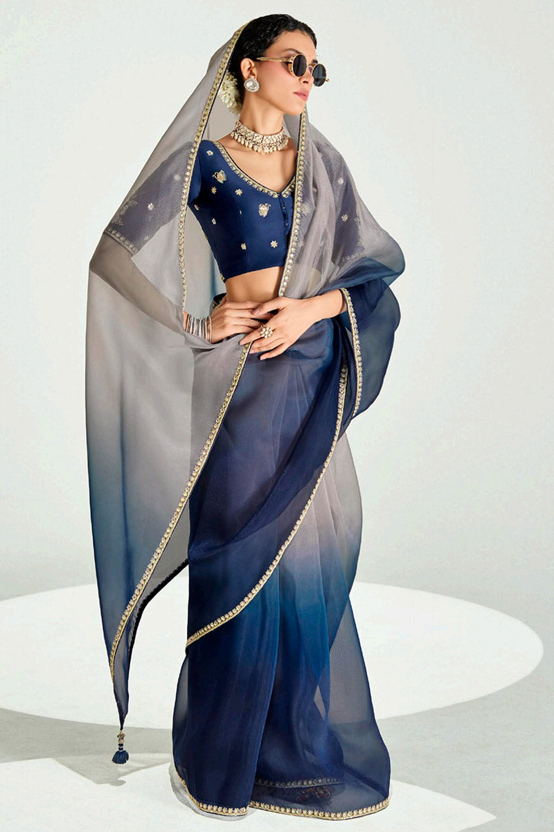 Grey Organza Saree with Sequins Embroidered Navy Blue Blouse