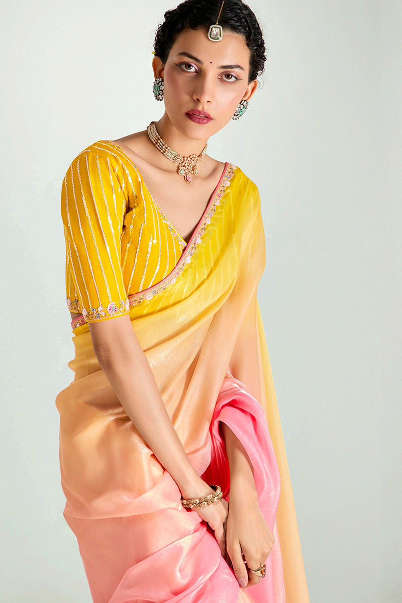 Multicolor Organza Saree with Sequins Embroidered Mustard Blouse